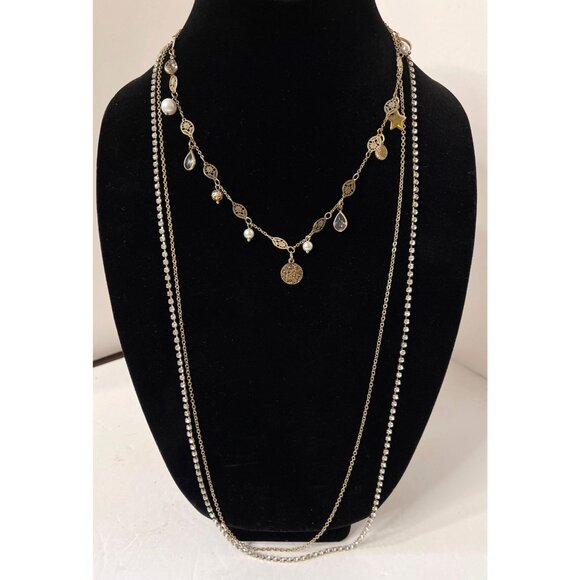 Express Multi Strand Layered Necklace Rhinestone Charms - Picture 1 of 6